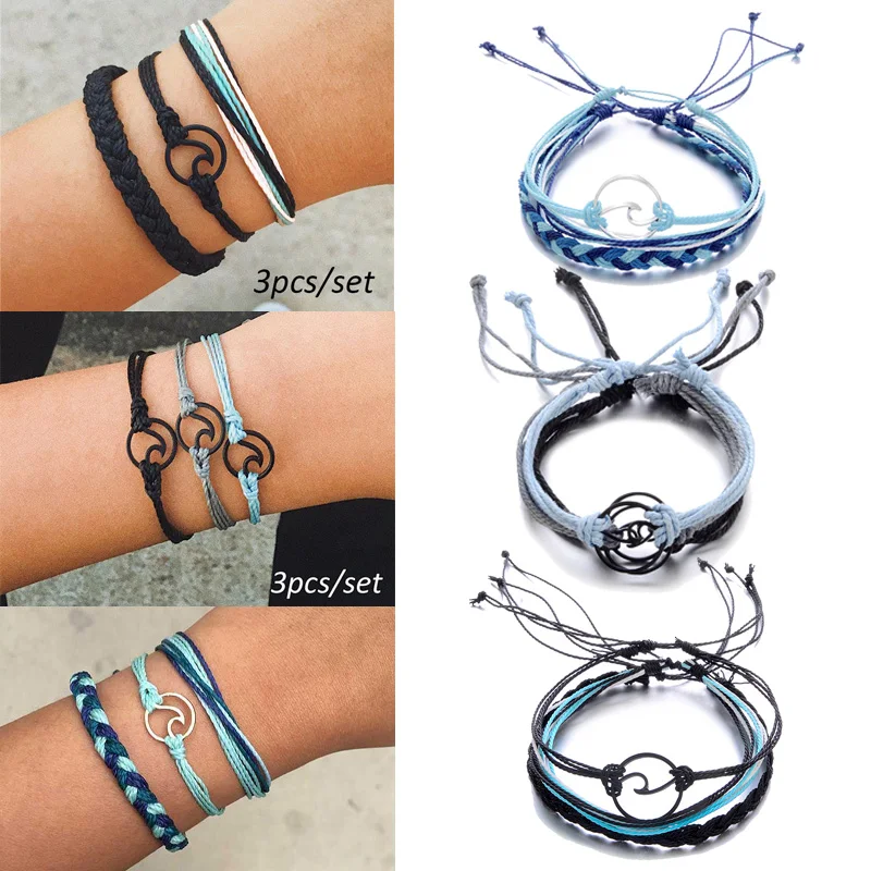 

Bohemian Charm Multilayer Wave Bracelets Set For Woman Braided Bracelet Sea Wave Weave Rope Chain Adjustable Bangles Jewelry