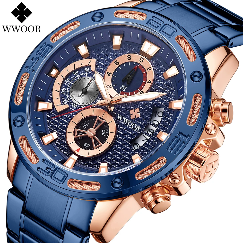 

WWOOR 2020 New Blue Watch Mens Top Brand Luxury Big Dial Chronograph Man Sport Waterproof Quartz Wristwatch For Men reloj hombre