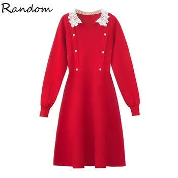 

Plus Size Women A-line Long Sleeve Knitted Dress High Waist Black Red Elegant Dresses Autumn Winter Vestidos 2020 Fashion Cloth