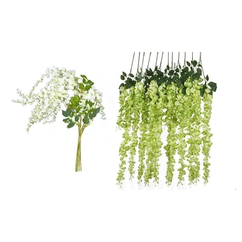 

12pcs Artificial Silk Wisteria Vine Ratta Silk Hanging Flower Wedding Decor - 6pcs White & 6pcs Green