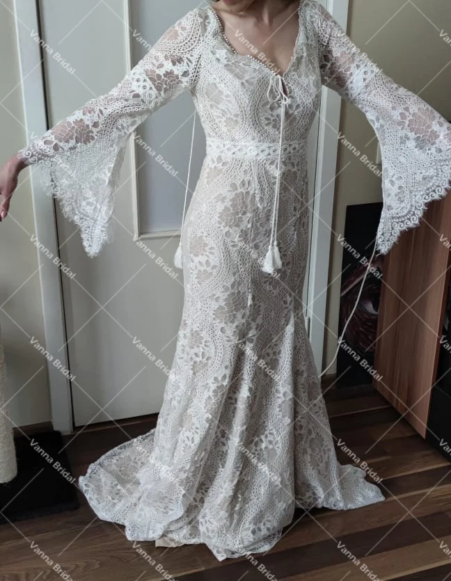 blue wedding dress Hippie Beach Boho Wedding Dress V Neck Long Bell Sleeve 2021 Backless Cut Out Lace Destination Elopement Bridal Gown Cheap 803 bridal shower dress