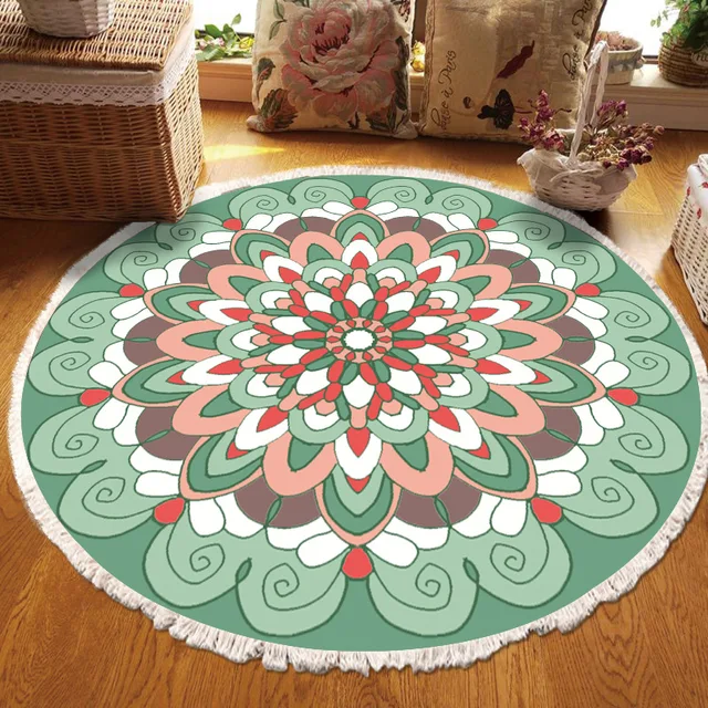 ​Home Decor Retro Bohemian Round Carpet Hand Woven Cotton Linen Carpet Rug Bedside Rug Geometric Floor Mat Living Room Carpet Z