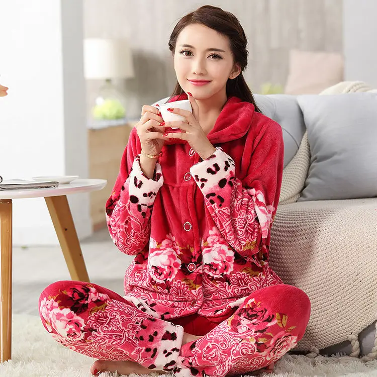 women pajama Пижамы женские большие размеры зимняя Пижама женские сексуальные толстые коралловые флисовые зимние пижамы женские пижамы большого размера костюм 2 Pic сна - Цвет: women pajama