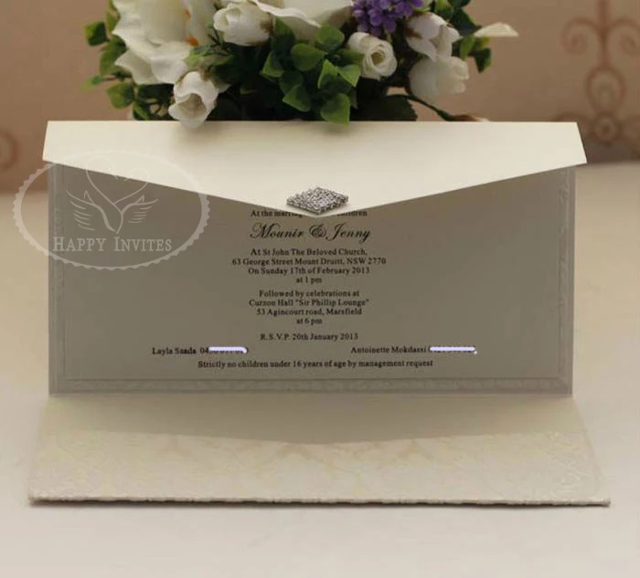HI6009-16 Customized Wedding Card in Cream with Ivory Flocking Patterns More Colors Available