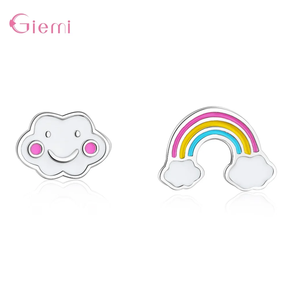 

Cartoon Cute 925 Sterling Silver Asymmetric Smile Cloud Rainbow Stud Earrings For Women Girl Fashion Trendy Jewelry
