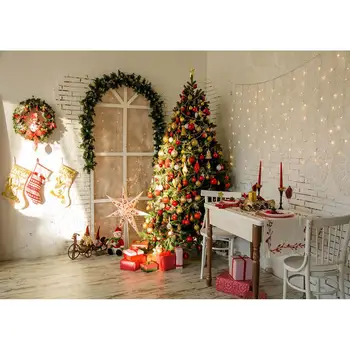 

Christmas Tree Wreath Gifts Socks String Lights Photo Backgrounds Vinyl Backdrop for Children Baby Home Photography Photophone