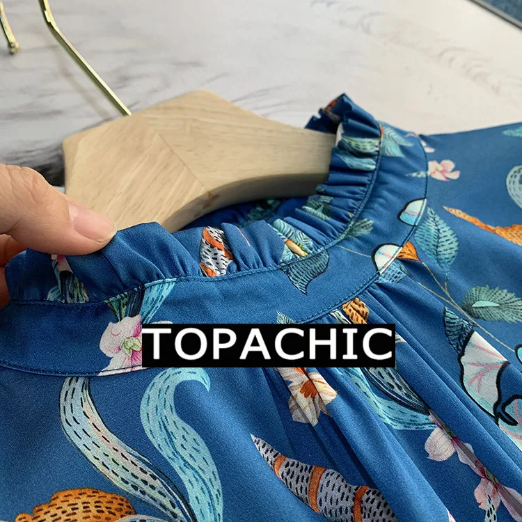12,19 Женская шелковая рубашка, новинка, темперамент, гофрированная, стоячий воротник, принт, длинный рукав, высокая мода, блузки