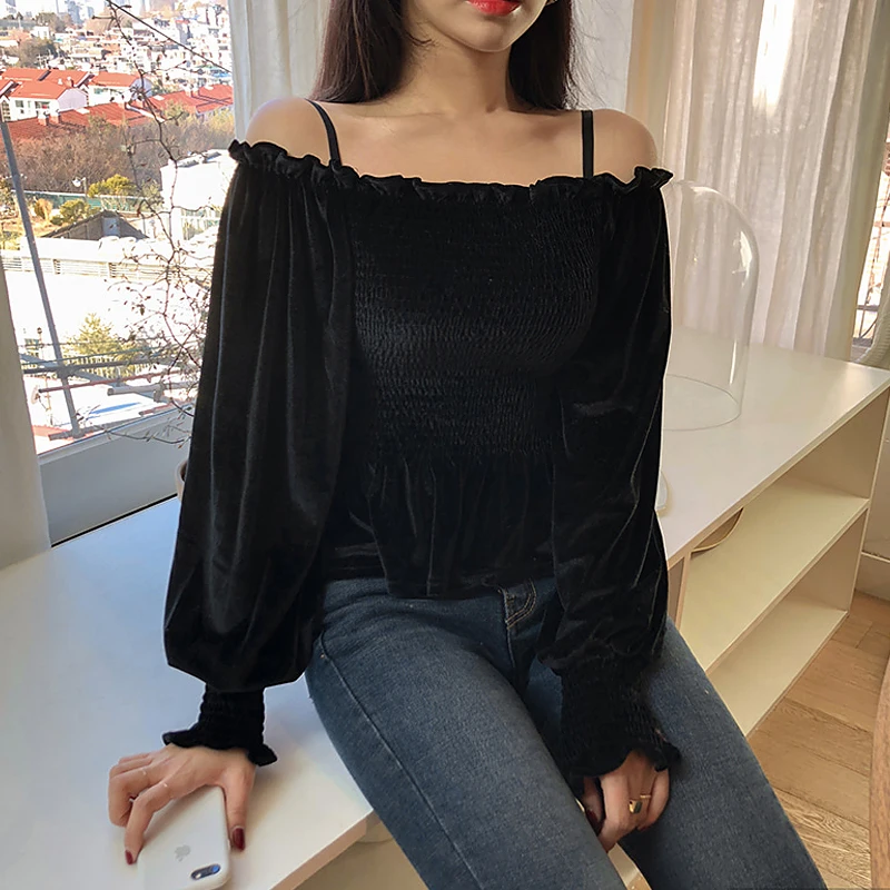 WHITNEY WANG блузки женские Осенняя модная Уличная Сексуальная блуза с вырезом лодочкой из эластичного бархата женские блузы рубашки топы