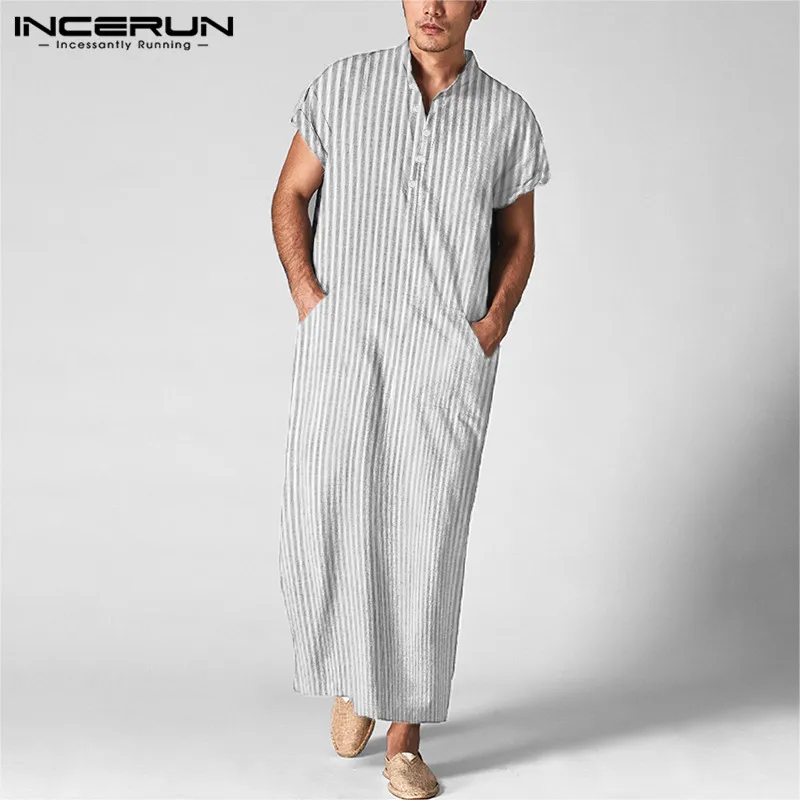 INCERUN Men Striped Jubba Thobe Men Islamic Arab Casual Short Sleeve Cotton Pockets Muslim Kaftan Robes Dubai Clothing S-5XL