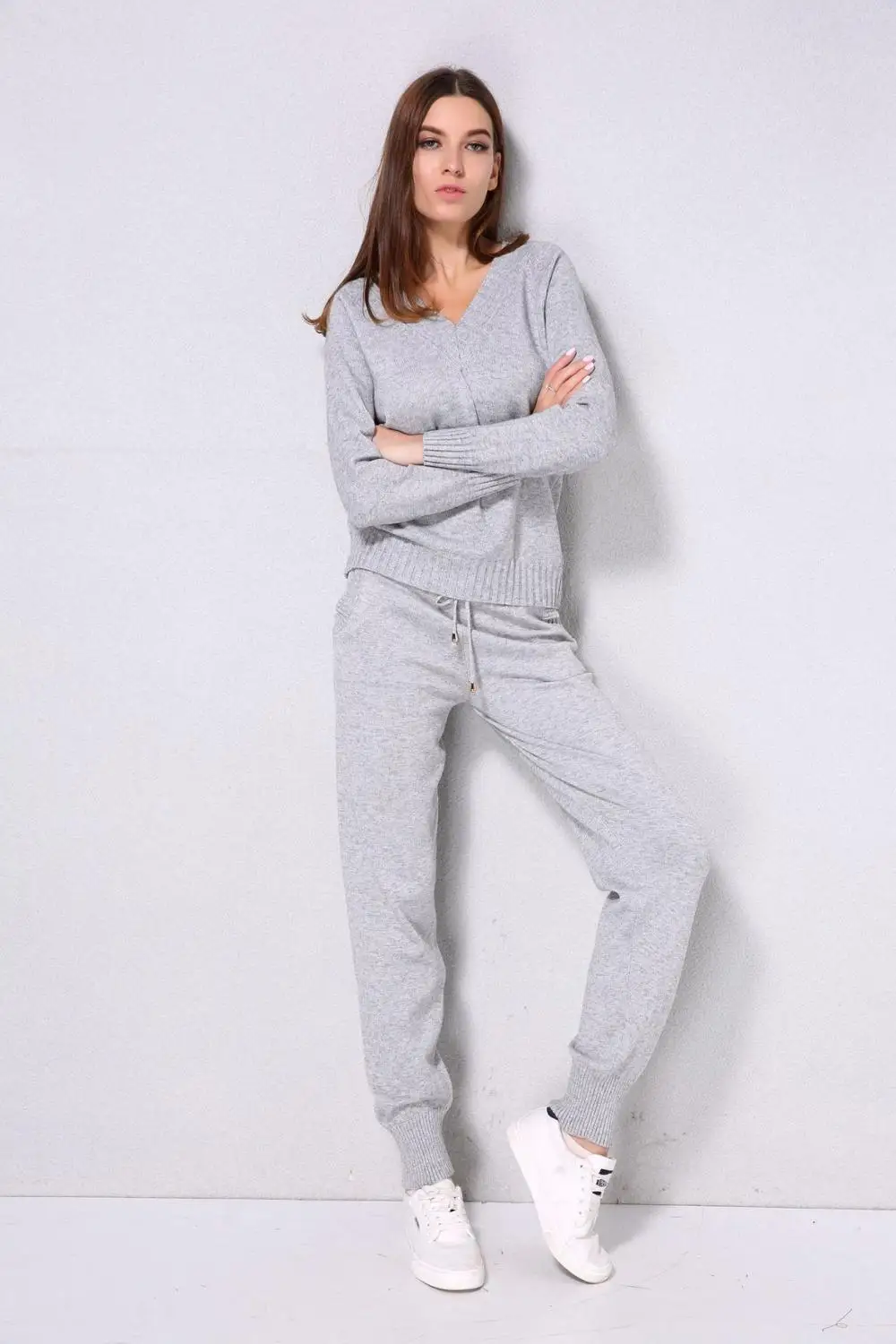 H05-Grey Водолазка, пуловер, свитера, трикотажные штаны, костюм из двух частей, комплекты для женщин на осень и зиму, теплый вязаный спортивный костюм, женский спортивный костюм - Цвет: H05-Grey