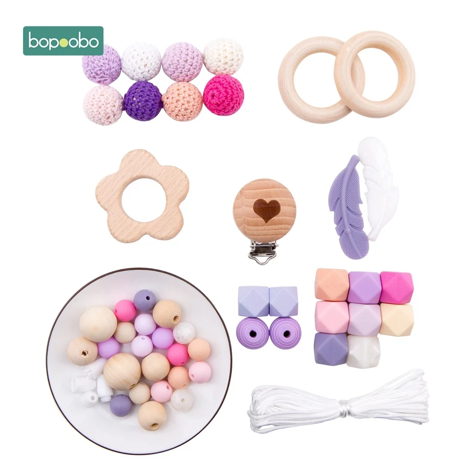 Bopoobo 1set Baby Rattle DIY Jewelry Set Crochet Beads Baby Blending Natural Wooden Beads Silicone Round Geometry Wooden Teether 35