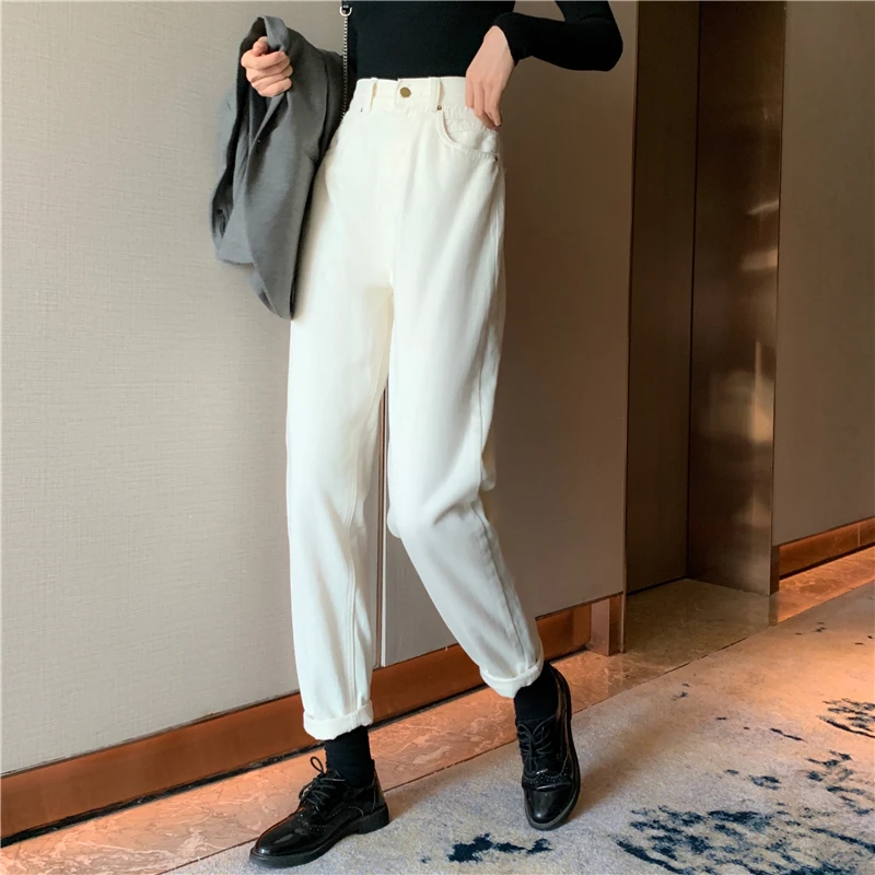 KINOMI осень зима белые прямые джинсовые штаны с высокой талией свободные джинсовые штаны корейский стиль повседневные длинные брюки с карманами