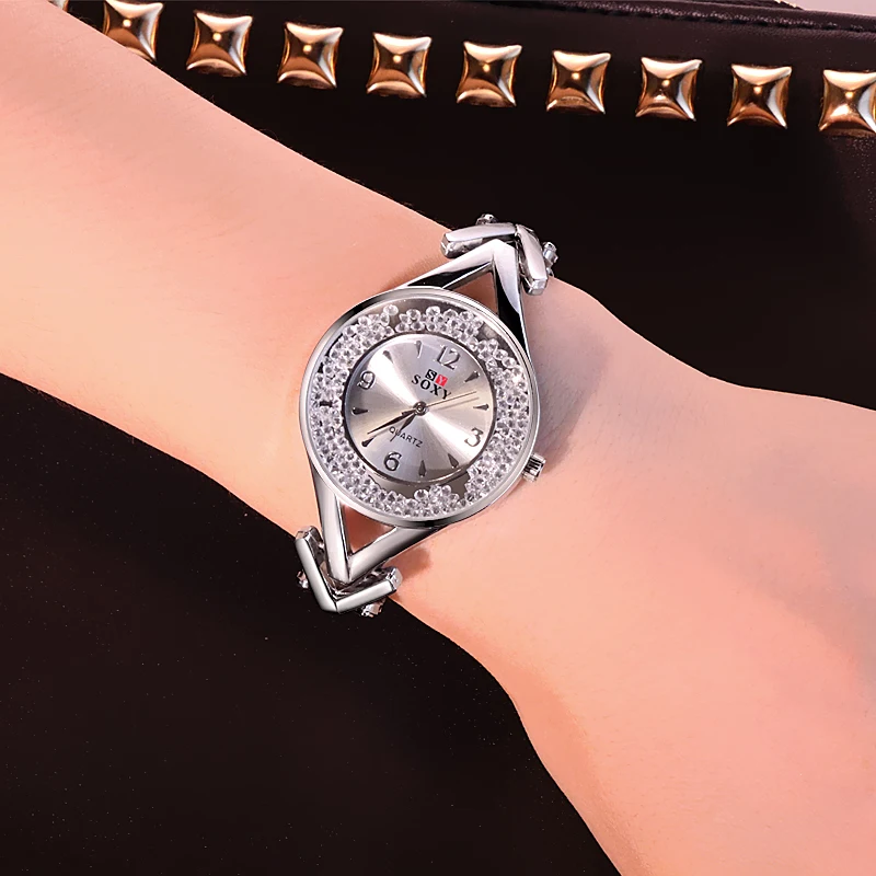 Для женщин браслет часы со стразами Для женщин часы Изысканный хрусталь Повседневное женские часы нержавеющая сталь часы со стальным браслетом