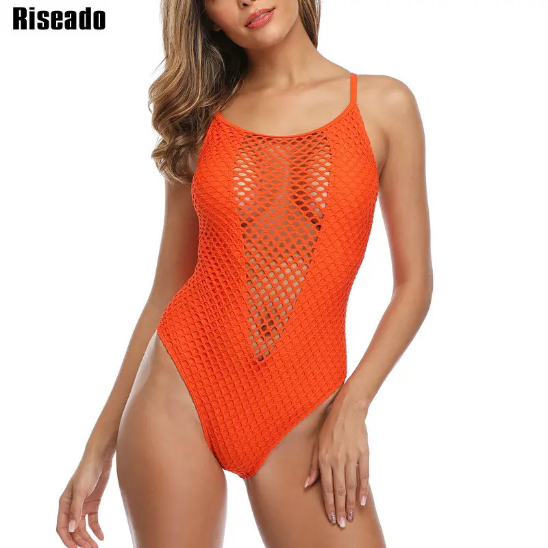 

Riseado Solid One Piece Swimsuit Women's Swimwear Back Cross Bandage Bathing Suits Sexy Mesh Swimsuits Orange Bodysuit 2020