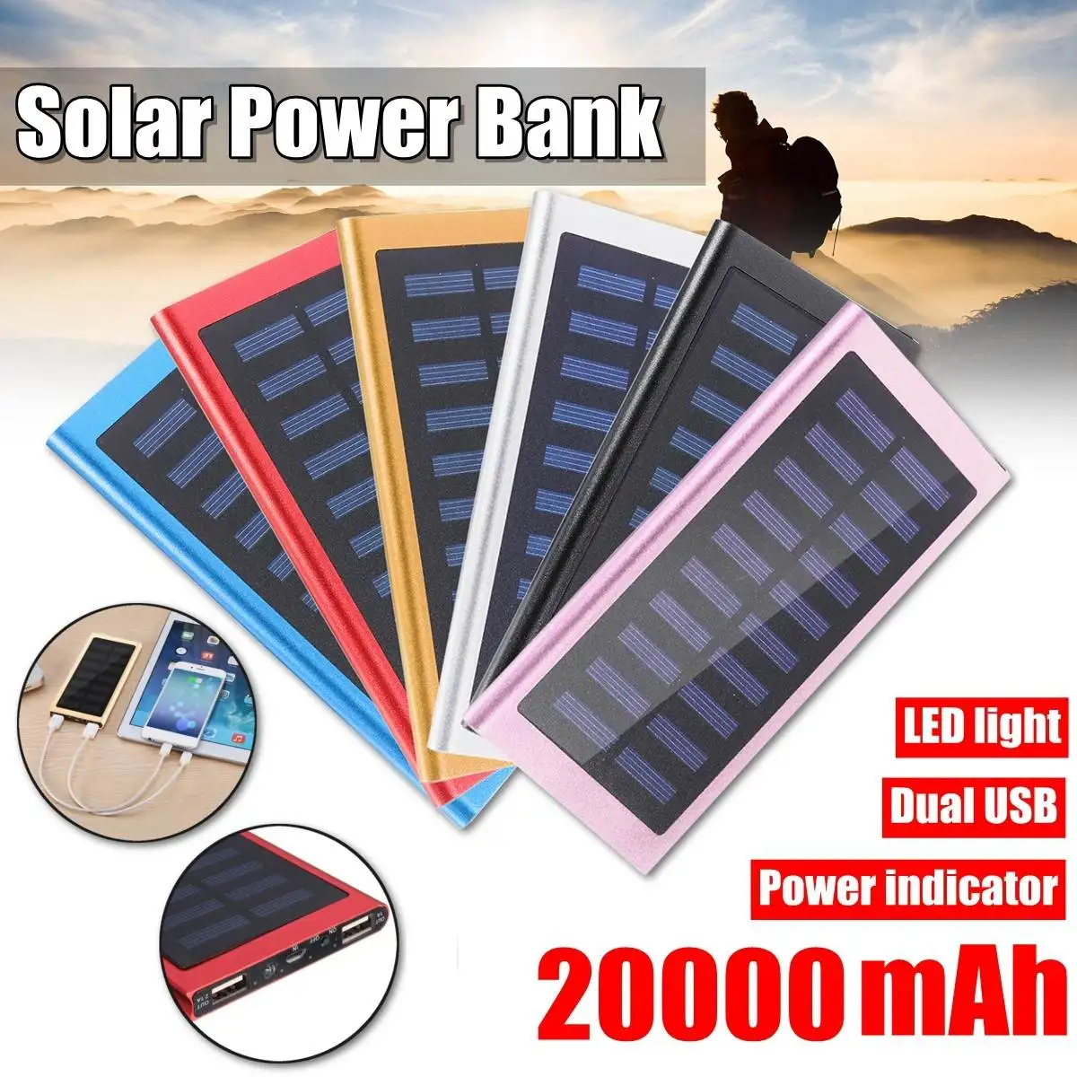 

Solar 20000mah Power Bank External Battery 2 USB LED Powerbank Portable Mobile phone Solar Charger for Xiaomi phone 7 8 Samsung