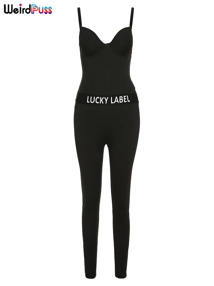 Weird Puss Lucky Label Tracksuit Women 2022 Summer Trend Tank Bodysuit+Leggings Skinny Fitness Matching Workout Sportwear Outfit plus size suit sets Suits & Blazers