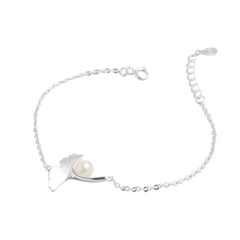 Аутентичные 925 пробы Серебряные Листья гинкго браслет с круглыми жемчужинами ювелирные украшения для женщин вечерние модные аксессуары подарок
