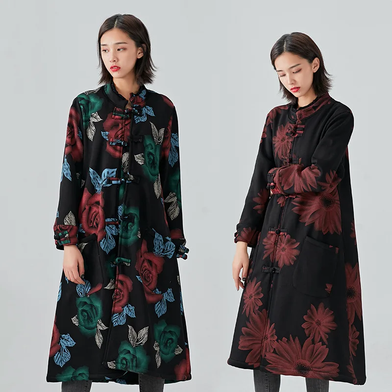 

Autumn And Winter plus Velvet Jacket Ethnic-Style Printed Retro Frog Trench Coat Blouses Mid-length Large Size Middle-aged WOMEN