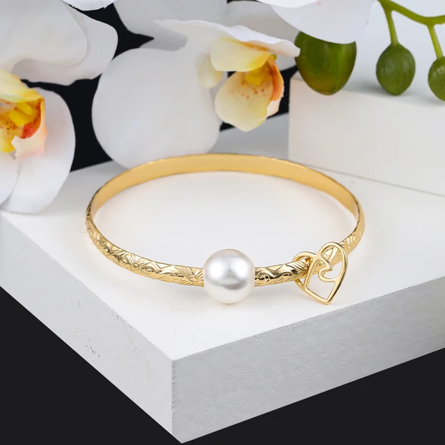 Hawaiian Women's Hand Bangle Bracelets Love Heart Purple Pink Pearl Gold Wedding Charm Bracelet Bangles Jewelry for Women 2021 SL2172GOWH