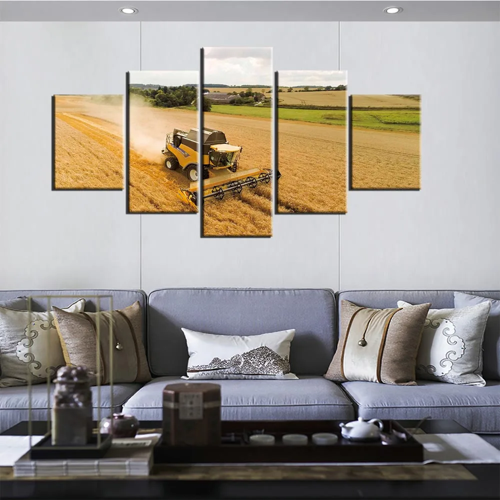 

5 Panel Posters Retro Tractor Harvest On Farm Wall Art Pictures Home Decor Modular Canvas HD Paintings Living Room Decoration