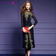 TESSCARA, женское осеннее роскошное платье с вышивкой, женское элегантное черное ретро платье, высококачественное дизайнерское Сетчатое платье