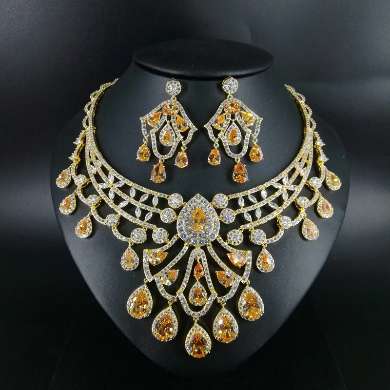

2019new fashion vintage champagne water drop zircon necklace earring set,wedding bridel party banquet dress jewelry freeshipping