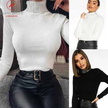 

Elegant Women Autumn Winter Pullovers T-Shirts Diamond Decor High Collar Long Sleeve Solid Color Slim Knitted Top