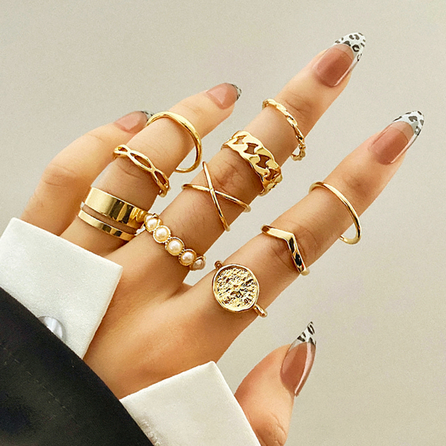Gold Wide Chain Finger Ring Set Women's Vintage Hollow Irregular Big Love Heart Snake Knuckle Ring Bohemian Jewelry Gift