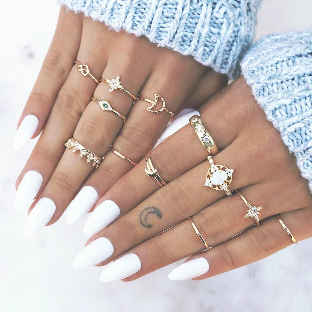 

13pcs / Set Fashion Bohemian Moon Opals Finger Rings for Women Crown Knuckle Rings Set Bride Wedding Jewelry Anniversary Gifts