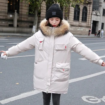 

Parka Women New Casual Fashion Coat Pocket Design Real Medium Long Parka Winter Jacket Fur Collar Coat Regular Solid Zipper