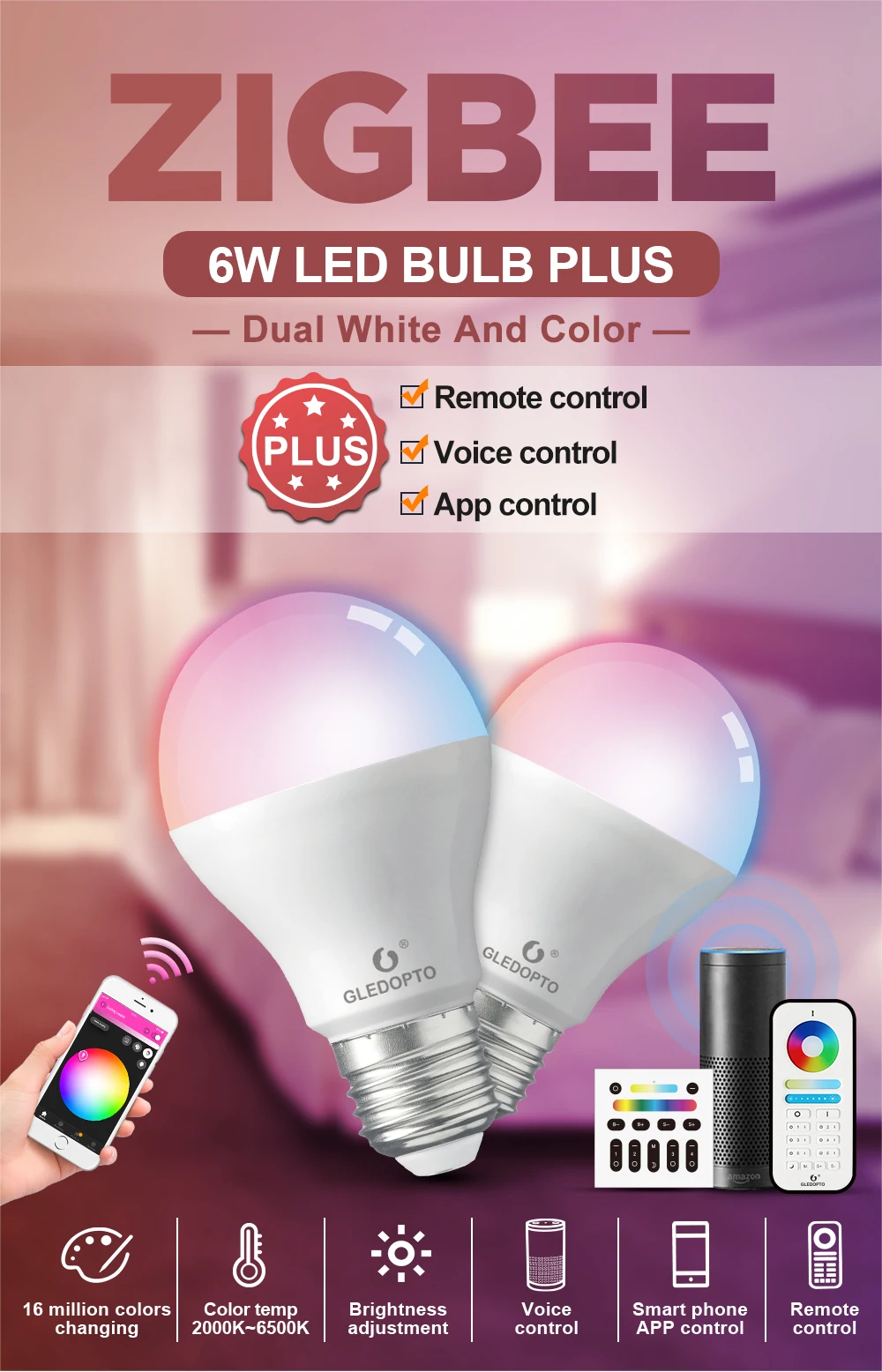 ZigBee samrt светодиодная лампа 2 шт изменение цвета(RGB и CCT) e27 E26 6 Вт лампа совместима с Amazon Alexa, zigbee hub