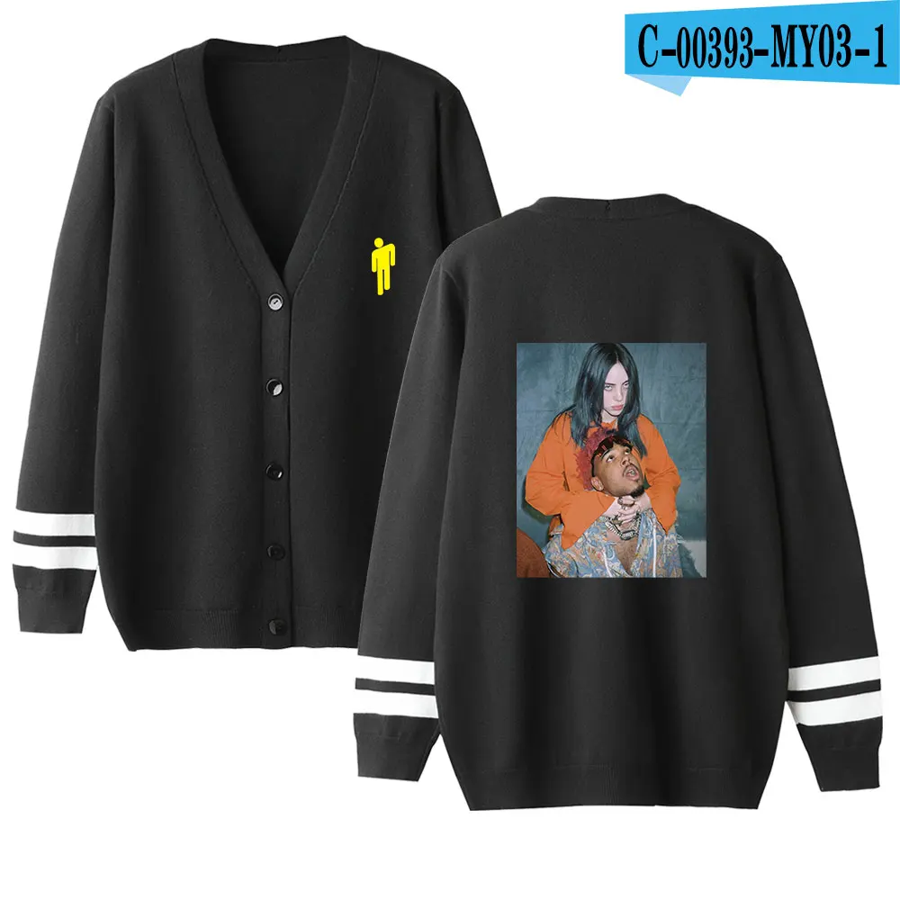 Billie Eilish женский кардиган свитер с v-образным вырезом сплошной цвет свободный свитер однобортный Повседневный вязаный кардиган пальто осень/зима - Цвет: black