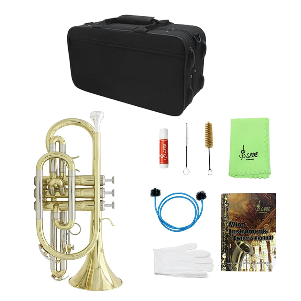 Bb Flat Cornet with Gig Bag Case Gloves Cleaning Cloth Durable Portable Brass Instrument