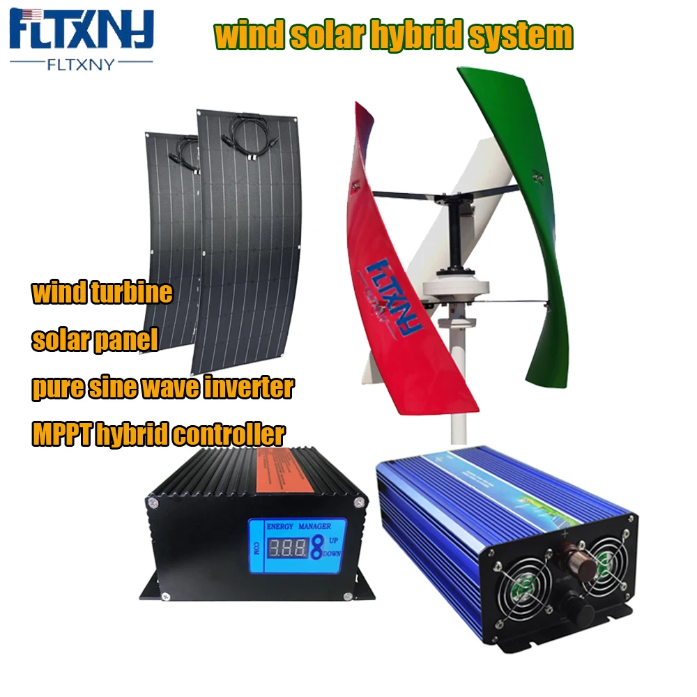 

1KW 12V 24V 48V Off Grid System For Home Low Noise Vertical Wind Turbine Generator With Hybrid Controller Inverter Solar Panels