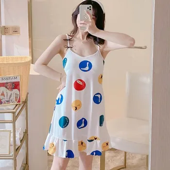 

Cute Cartoon Nightgown Women Summer Short Slim Night Dress Casual Large Size Sleepwear Sling Sexy Nightshirt Female Nightwear