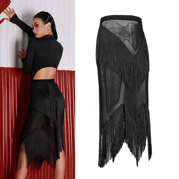 

Latin Dance Skirt Women Net Tassel Skirt black irregular Dance Performances Dress Latin Cha cha/Rumba/Ballroom CostumeDQS1106