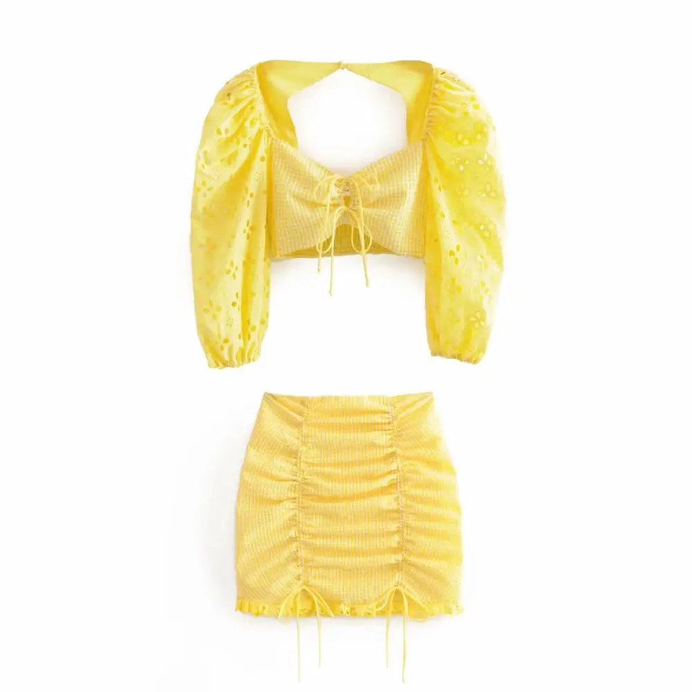 Комплект из двух предметов для женщин Лидер продаж Лето Тюль укороченный топ Вышивка выдалбливают ruched желтый классический хлопок мини юбка - Цвет: Многоцветный