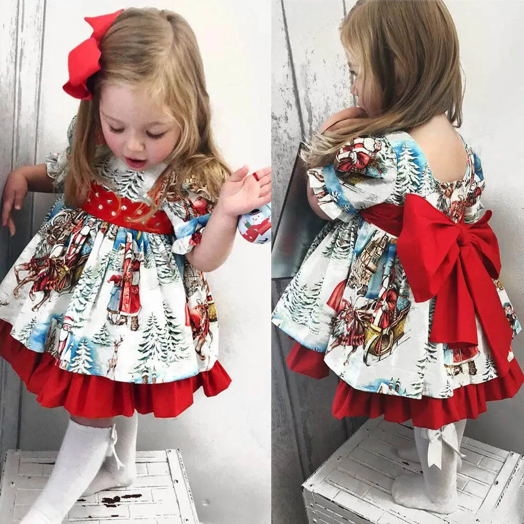 Рождественское платье для маленьких девочек; рождественское платье принцессы с принтом Санта-Клауса; платье с квадратным вырезом и бантом для дня рождения; Vestidos Infantil