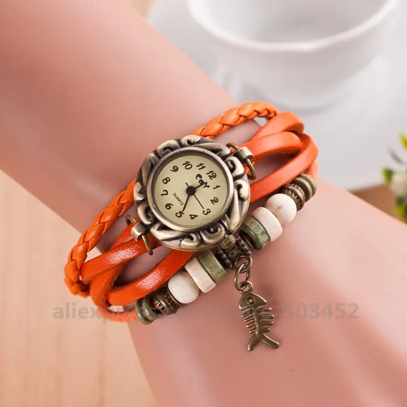 100pcs/lot Fish Skeleton Watch Vintage Unique Pendant Watch Ladies Bracelet Watch PU Leather Quartz Watch