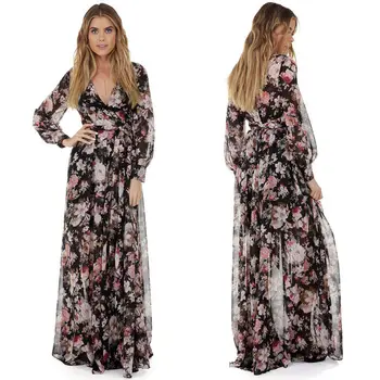 

Women's Summer Boho Long Sleeve Maxi Dress Evening Party Beach Sundress