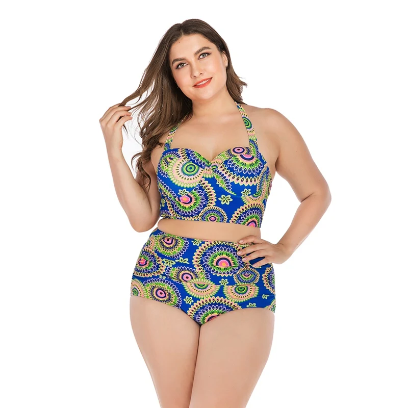 

Women Tankini Printed Halter Top High Waist Bikini Swimwear Lady Underwire Padded Bra Plus Size Swimsuit Beach Suit