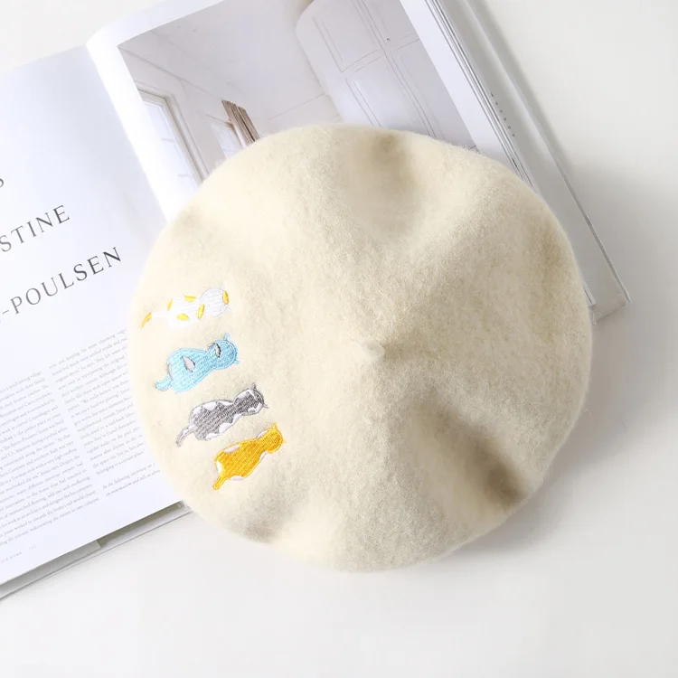 DRESSUUP Autumn Winter Hats For Women Lady Wool Beret Artist Painter Cap Cat Embroidery Cute Beret Female Vintage Boina Feminina