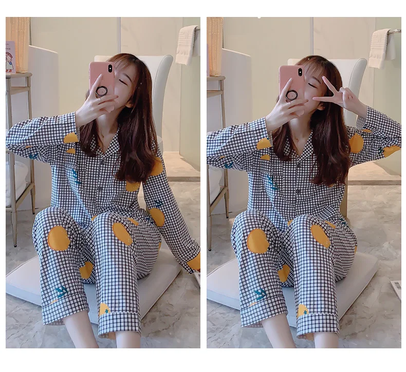 CAIYIER Autumn Winter New Sleepwear Set Women Turn-down Collar Pajamas Cute Cartoon Pattern Button Top+Pants Leisure Home Wear