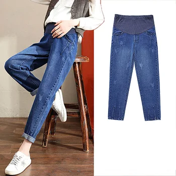 

L-4XL Plus Size Washed Denim Maternity Jeans for Pregnant Women Clothes Elastic Waist Belly Loose Pants Pregnancy Gravidas Cloth