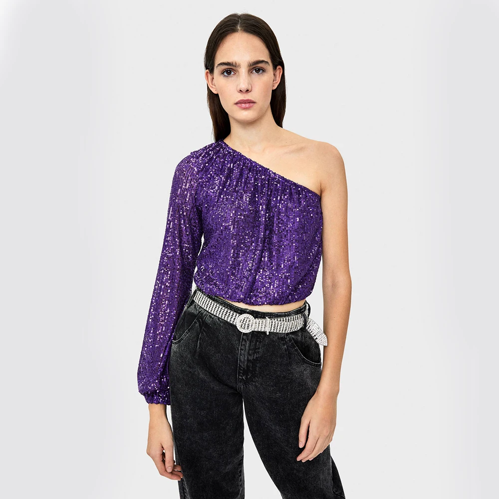 ZA Women Sexy One-shoulder Tops Fashion Shirt Multi Style Sequined Shiny Short Sling Vest New Temperament Party Nightclub - Цвет: 07