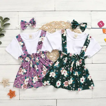 

Baby Girl Outfit Baby Girls Summer Clothes Sets 2020 Summer Short Sleeve Shirt+Strap Dresses+Headband Children's Clothing Suit