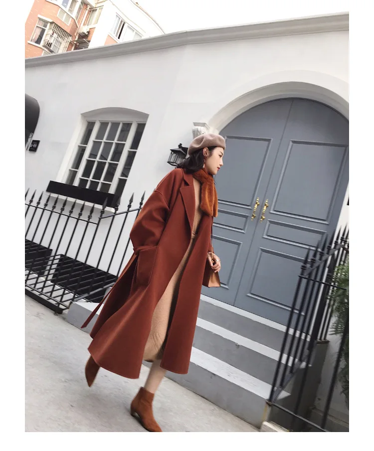 

9483 # Korean-style Double-Sided Cashmere Wool Woolen Overcoat Women's 2019 Fall And Winter Clothes over-the-Knee Long Lace-up W