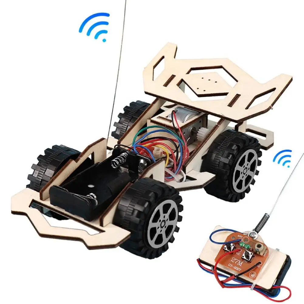 Kid Wooden DIY Assembly 4-CH Electric RC Racing Car Model Science Experiment Toy Mobile Vehicle Model Kid Mini Cars Boy Toy Gift