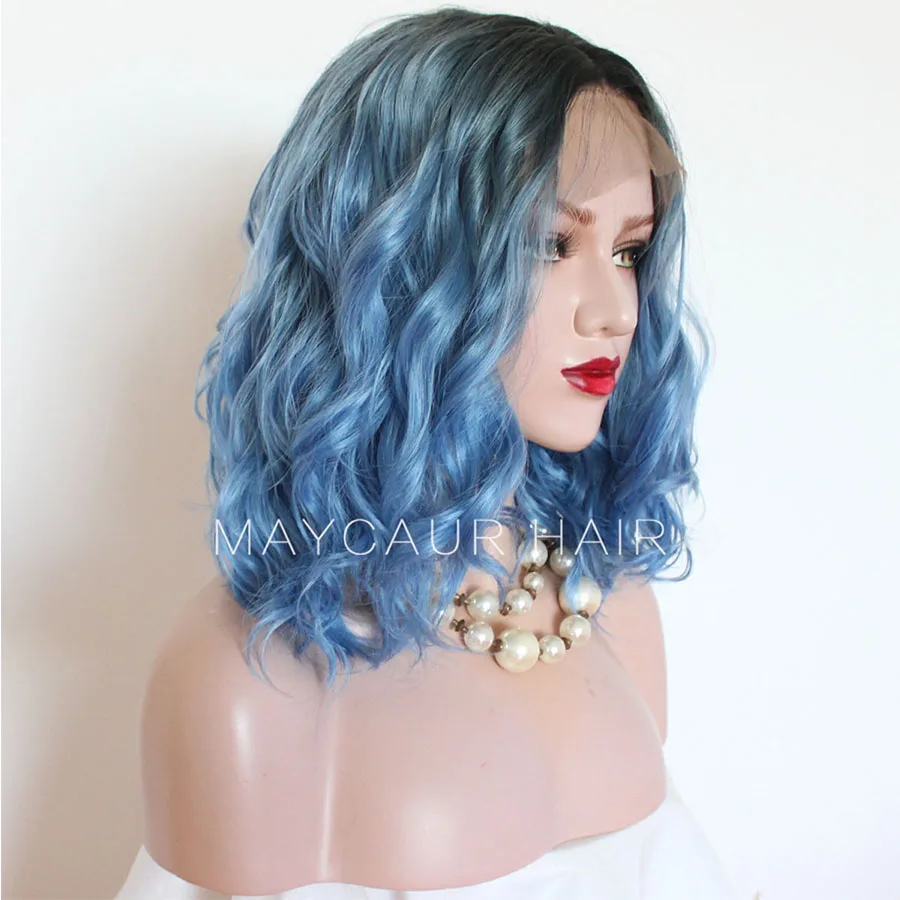 Maycaur Lace Front Wigs Short Wavy Hair Blue Color Synthetic Wigs for Black Women Natural Color Half Hand Tied Heat Resistant Soft Fiber Hair 16 Inch (3)
