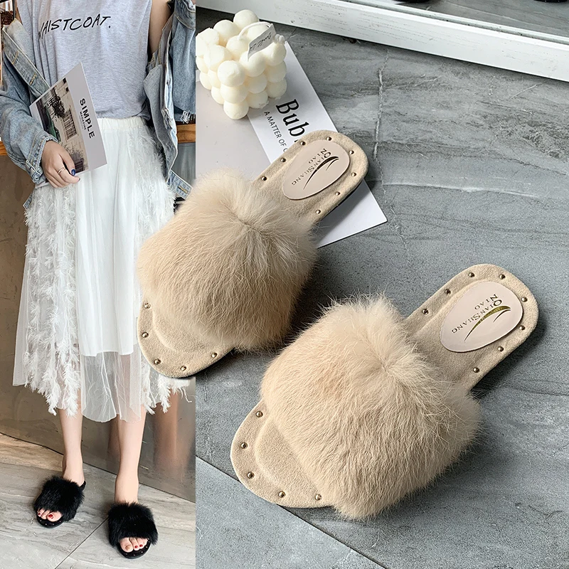 

Luxury Slides Women's Slippers 2019 Pokemon Plush Sliders Shoes Low Socofy Platform Designer New Fur Soft Flat PU Rubber Basic